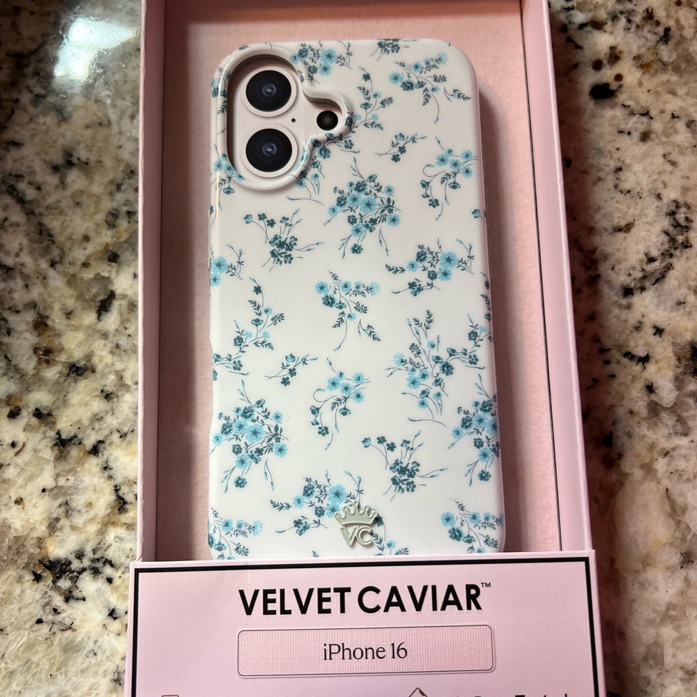 Velvet Caviar iPhone 16 Case - White with Blue Floral Pattern